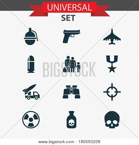 Army Icons Set. Collection Of Glass, Bombshell, Fugitive And Other Elements. Also Includes Symbols Such As Poison, Gun, Bullet.
