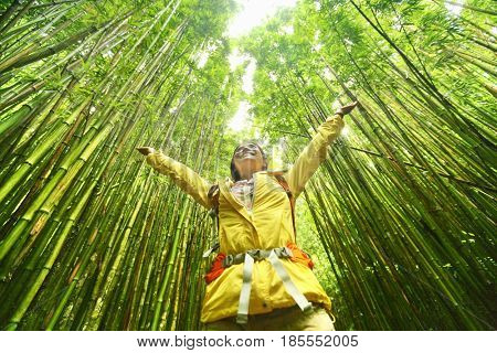Hiker hiking on Pipiwai Trail on famous road to hana travel, Maui, Hawaii.