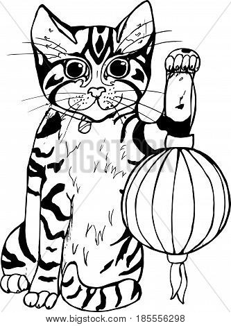 Lucky maneki neko cat with lantern. Traditional japanese symbol. Graphic illustration. Place for text.
