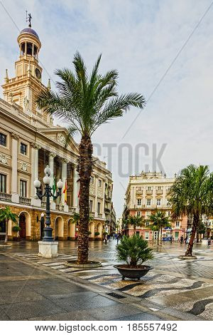 Kadiz, Spain - May 3, 2017: Kadiz square Spain in Andalusia. Historical building