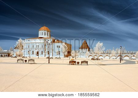 The landscape is shot on a specially installed camera on which a filter is installed that does not allow the visible range of light to be visible. But only infrared radiation. With this shooting the grass and foliage of the trees in white pink or red colo