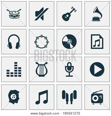 Music Icons Set. Collection Of Cd, Music, Equalizer And Other Elements. Also Includes Symbols Such As Percussion, Sound, Harp.