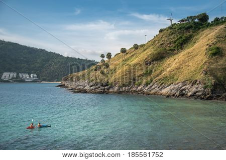 beautiful seascape with kayaking in the sea coastline viewpoint in sunny day of summer season seen from Yanui Beach in Phuket Thailand