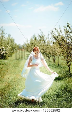 Young Beautiful Blonde Woman In Blooming Garden. Bride.