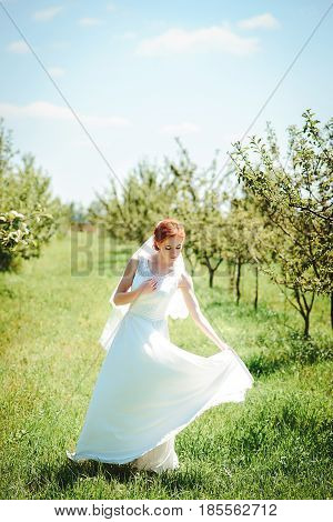 Young Beautiful Blonde Woman In Blooming Garden. Bride.