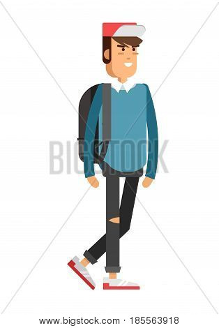 Vector detailed character people, character young man or sudent with book, male character in casual clothing style. Creative boy isolated on white background
