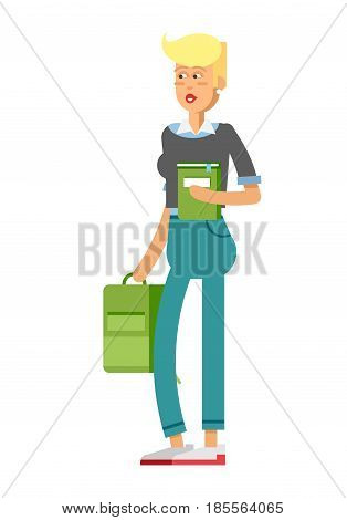 Vector detailed character people, character young women or sudent with book, woman in casual clothing style. Creative woman isolated on white background
