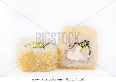 Fried Sushi Roll With Smoked Breast, Melted Cheese, Chinese Salad And Omelette. Japanese Food. Hot R
