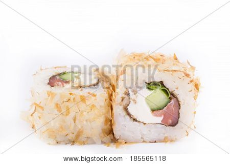 Japanese Cuisine, Sushi Set: Roll With Shavings Of Tuna, Smoked Salmon, Cream Cheese, Green Onions,