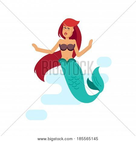 Vector flat illustration mermaid isolated in white background. Swimming cartoon mermaid with red hair. Young woman in the image of a mermaid.