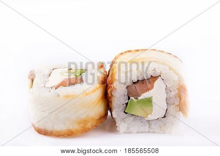 Japanese Cuisine, Sushi Set: Roll With Eel, Salmon, Cream Cheese, Avocado, Teriyaki Sauce, Sesame On