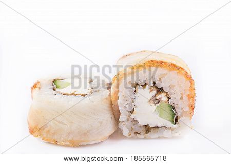 Japanese Cuisine, Sushi Set: Roll With Eel, Cream Cheese, Cucumber, Teriyaki Sauce, Sesame On A Whit