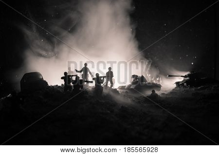 War Concept. Military Silhouettes Fighting Scene On War Fog Sky Background, World War Soldiers Silho