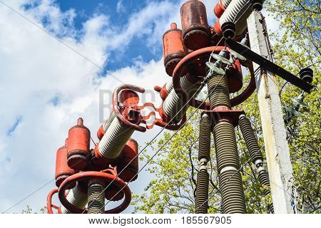 Turbine generator in power plant with blue sk