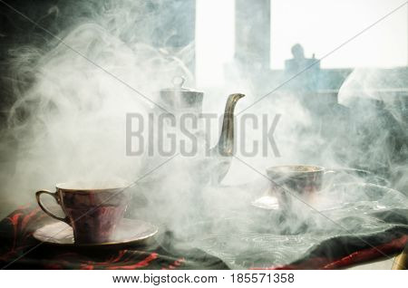 Food Background Tea And Coffee Theme. Old Vintage Ceramic Tea Or Coffee Pot With Cups Jug And Sugar