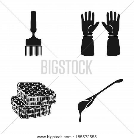A spoon of honey, protective gloves, a barrel of honey, a fork.Apiary set collection icons in black style vector symbol stock illustration .