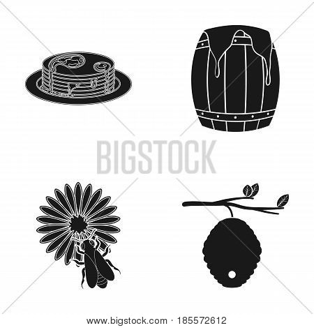 A hive on a branch, a bee on a flower, a honeycomb with honey, a honey cake.Apiary set collection icons in black style vector symbol stock illustration .