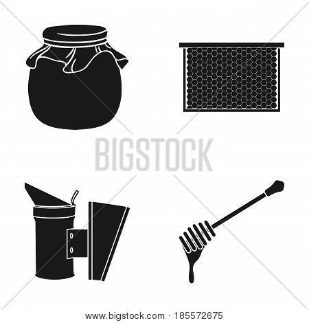 A frame with honeycombs, a ladle of honey, a fumigator from bees, a jar of honey.Apiary set collection icons in black style vector symbol stock illustration .