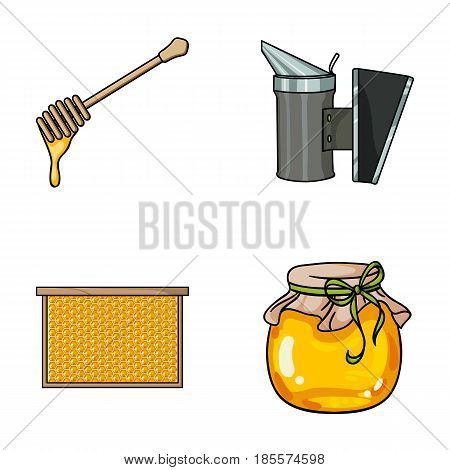 A frame with honeycombs, a ladle of honey, a fumigator from bees, a jar of honey.Apiary set collection icons in cartoon style vector symbol stock illustration .