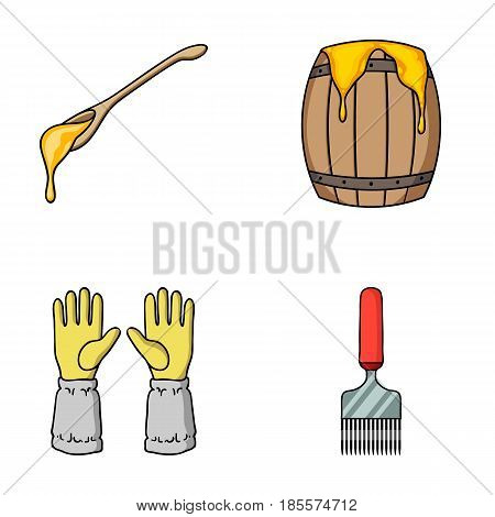 A spoon of honey, protective gloves, a barrel of honey, a fork.Apiary set collection icons in cartoon style vector symbol stock illustration .