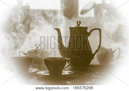 Food Background Tea And Coffee Theme. Old Vintage Ceramic Tea Or Coffee Pot With Cups Jug And Sugar