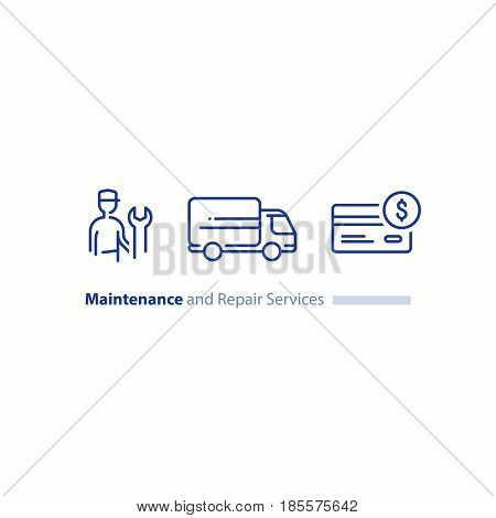 Maintenance and repair services, repairman with spanner, installation worker, technical engineer, delivery truck, credit card payment vector mono line icon