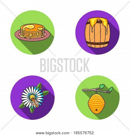 A hive on a branch, a bee on a flower, a honeycomb with honey, a honey cake.Apiary set collection icons in flat style vector symbol stock illustration .