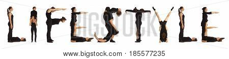 Black dressed people forming word LIFESTYLE on white background