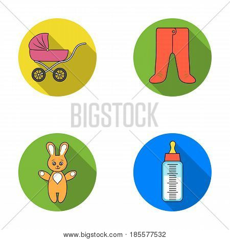 Stroller, bottle with a pacifier, toy, sliders.Baby born set collection icons in flat style vector symbol stock illustration .