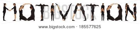 Black dressed people forming word MOTIVATION on white background