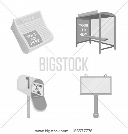 Newspapers, a bus stop, a mail box, a billboard.Advertising, set collection icons in monochrome style vector symbol stock illustration .