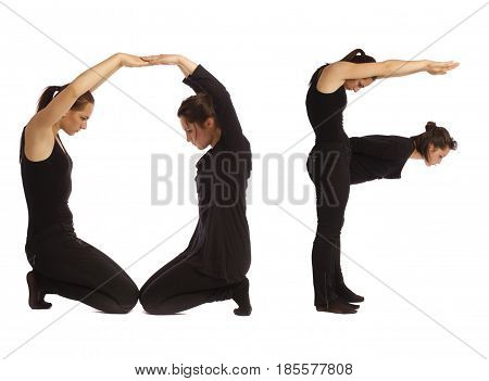Black dressed people forming word OF on white background