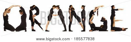 Black dressed people forming word ORANGE on white background