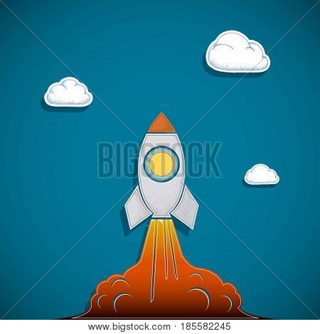 Rocket flies into the sky. Business start-up and development. Stock Vector Illustration in a style of flat graphics.