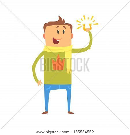 Cartoon man standing and holding horeshoe. Colorful character vector Illustration isolated on a white background
