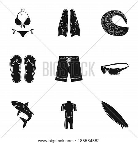 A collection of pictures on the theme of the beach, the sea, surfing. Rescuers of the beach.Surfing icon in set collection on black style vector symbol stock web illustration.