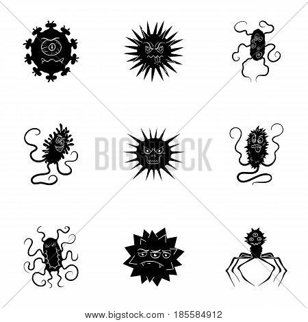 A set of pictures about bacteria and viruses. Germs that are harmful to humans. viruses and bacteria icon in set collection on black style vector symbol stock web illustration.