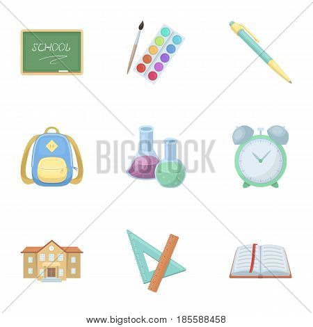 Set of pictures about the school. Study training. Supplies for school.Outfit of the student. School and eduacation icon in set collection on cartoon style vector symbol stock web illustration.