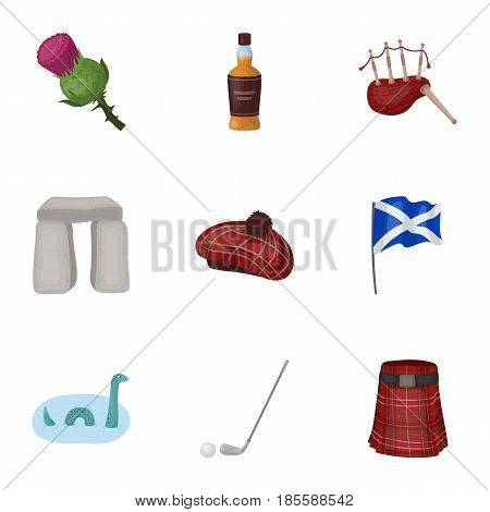 National symbols of Scotland. Scottish attractions. Scotland country icon in set collection on cartoon style vector symbol stock web illustration.