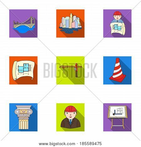 A set of icons on the theme of construction and architects. Builders, architects, and subjects for construction . Architect icon in set collection on flat style vector symbol stock web illustration.