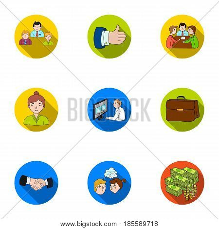 A set of pictures about the transaction, work, office. Office center, analytics.Business conference and ntgotiations icon in set collection on flat style vector symbol stock .