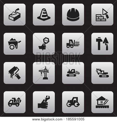 Set Of 16 Editable Building Icons. Includes Symbols Such As Facing, Camion, Excavation Machine And More. Can Be Used For Web, Mobile, UI And Infographic Design.
