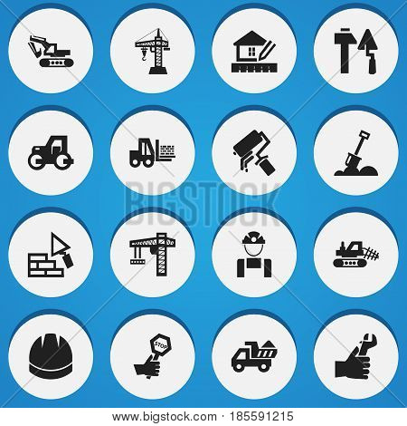 Set Of 16 Editable Construction Icons. Includes Symbols Such As Truck, Oar, Construction Tools And More. Can Be Used For Web, Mobile, UI And Infographic Design.