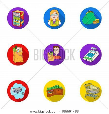 Supermarket, shopping in the store. A selection of pictures on the topic of shopping.Supermarket icon in set collection on flat style vector symbol stock web illustration.