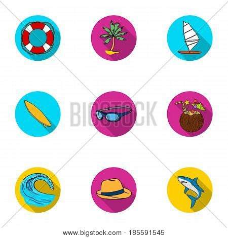 A collection of pictures on the theme of the beach, the sea, surfing. Rescuers of the beach.Surfing icon in set collection on flat style vector symbol stock web illustration.