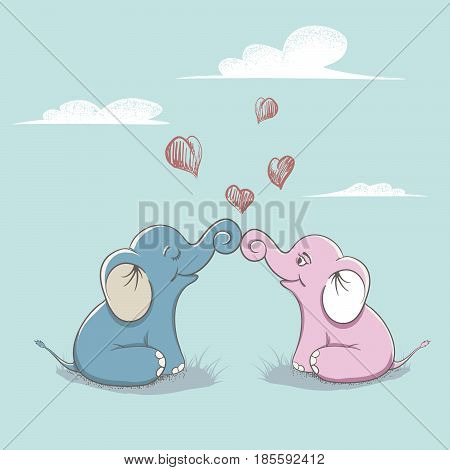 Cute ephants loves each other.Childish vector illustration
