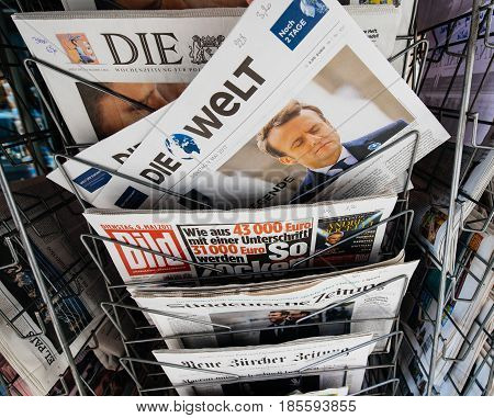 PARIS FRANCE - MAY 9 2017: Die Welt newspaper front page with the picture of the newly elected French president Emmanuel Macron after the second round French Presidential election