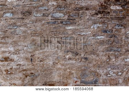 Empty Old Brick Wall Texture. Painted Distressed Wall Surface. Shabby Building Facade With Damaged P