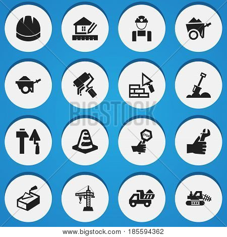 Set Of 16 Editable Building Icons. Includes Symbols Such As Camion, Trolley, Construction Tools And More. Can Be Used For Web, Mobile, UI And Infographic Design.