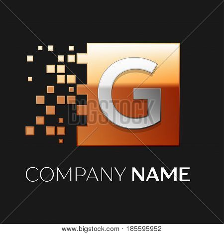 Letter G vector logo symbol in the colorful square with shattered blocks on black background. Vector template for your design